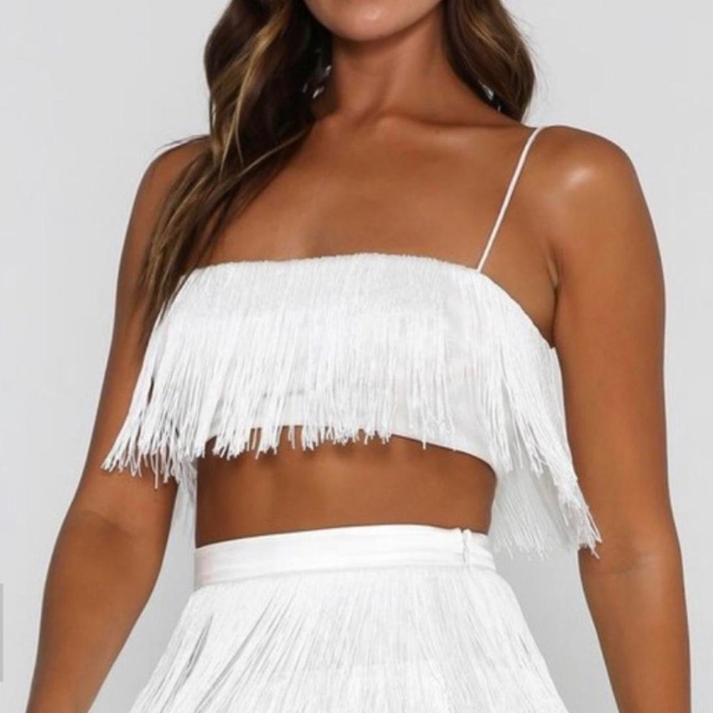 Meshki White Fringe Crop Top and Skirt Set WORN ONCE